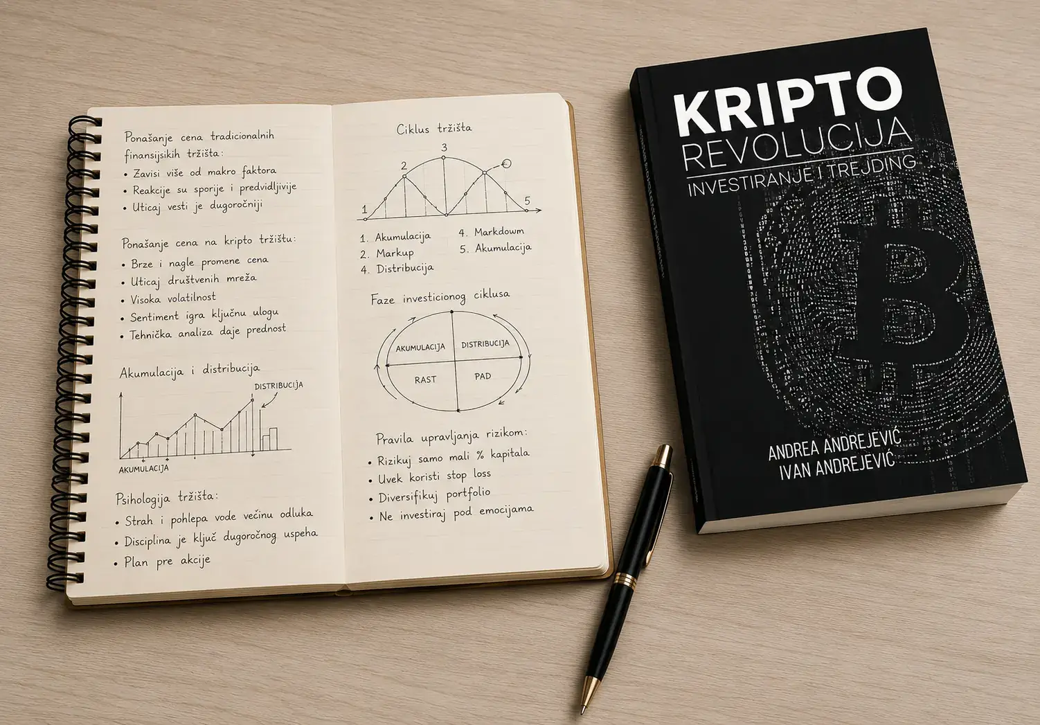 Knjiga Kripto Revolucija uz beleške o investiranju i analizi digitalne imovine.